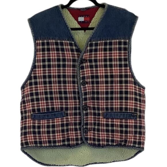 Tommy Hilfiger Other - Vintage Tommy Jeans Sherpa Denim Vest Patchwork Plaid Big Logo Size Large